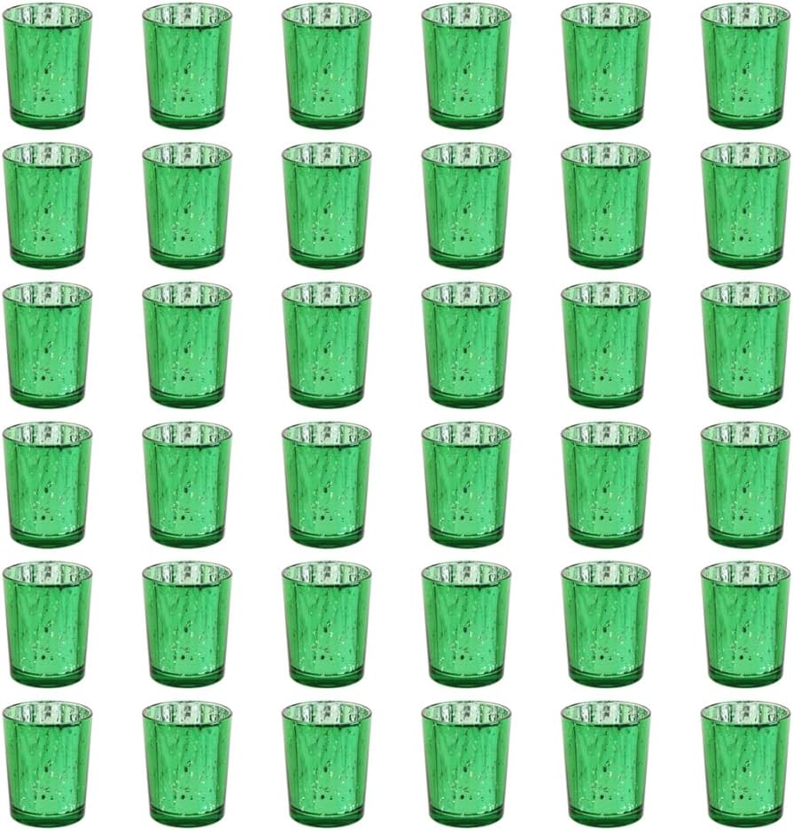 Green Mercury Glass Tea Light Holders Set of 36 - Elegant Votive Candle Holders for Weddings, Showers and Home Decor - Perfect for Table Centerpieces and Parties (Glass, Green)