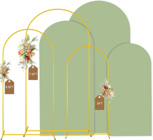 MODFUNS Metal Arch Backdrop Stand and Cover Set 6&6.6&7.2ft Sage Green Arch Backdrop Covers Gold Wedding Arch Stand Set of 3 Spandex Arched Covers for Party Birthday Banquet Wedding Decoration