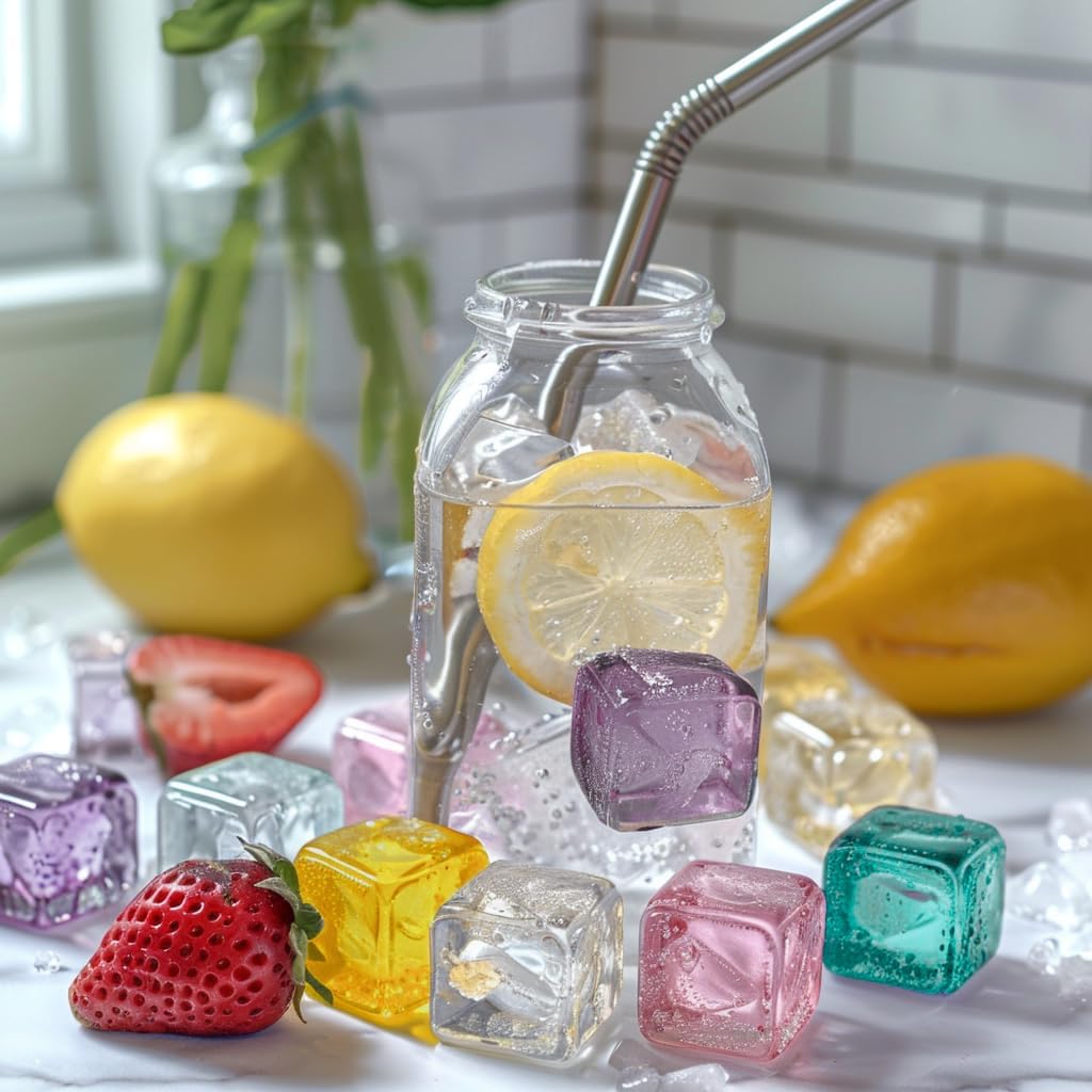 HappyFiller 76 PCS Crystal Square Small Acrylic Ice Cubes Clear Artificial Ice Rocks for Photography Props,Food Display,Vase Filler,Table Scatters,Crafts,0.7 Inch, Multi Colors