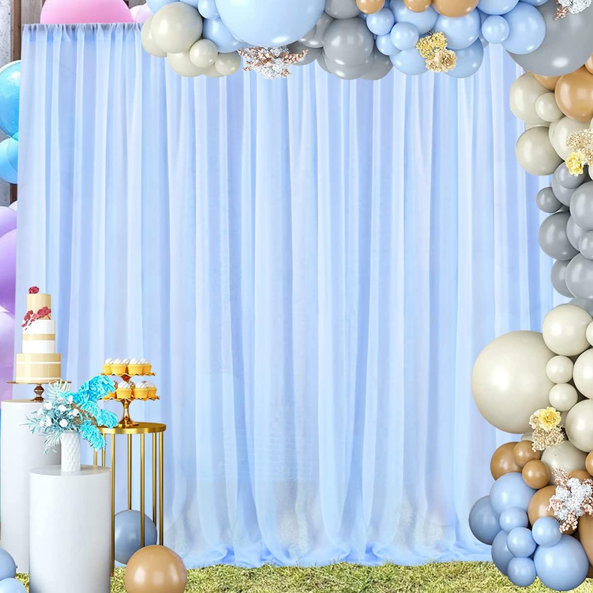 PARTISKY 10ftx10ft Blue Chiffon Sheer Backdrop Curtains, Wrinkle-Free Wedding Backdrop Drapes for Birthday Party Ceremony Arch Stage Decor Background for Photography 5ft x 10ft,2 Panels