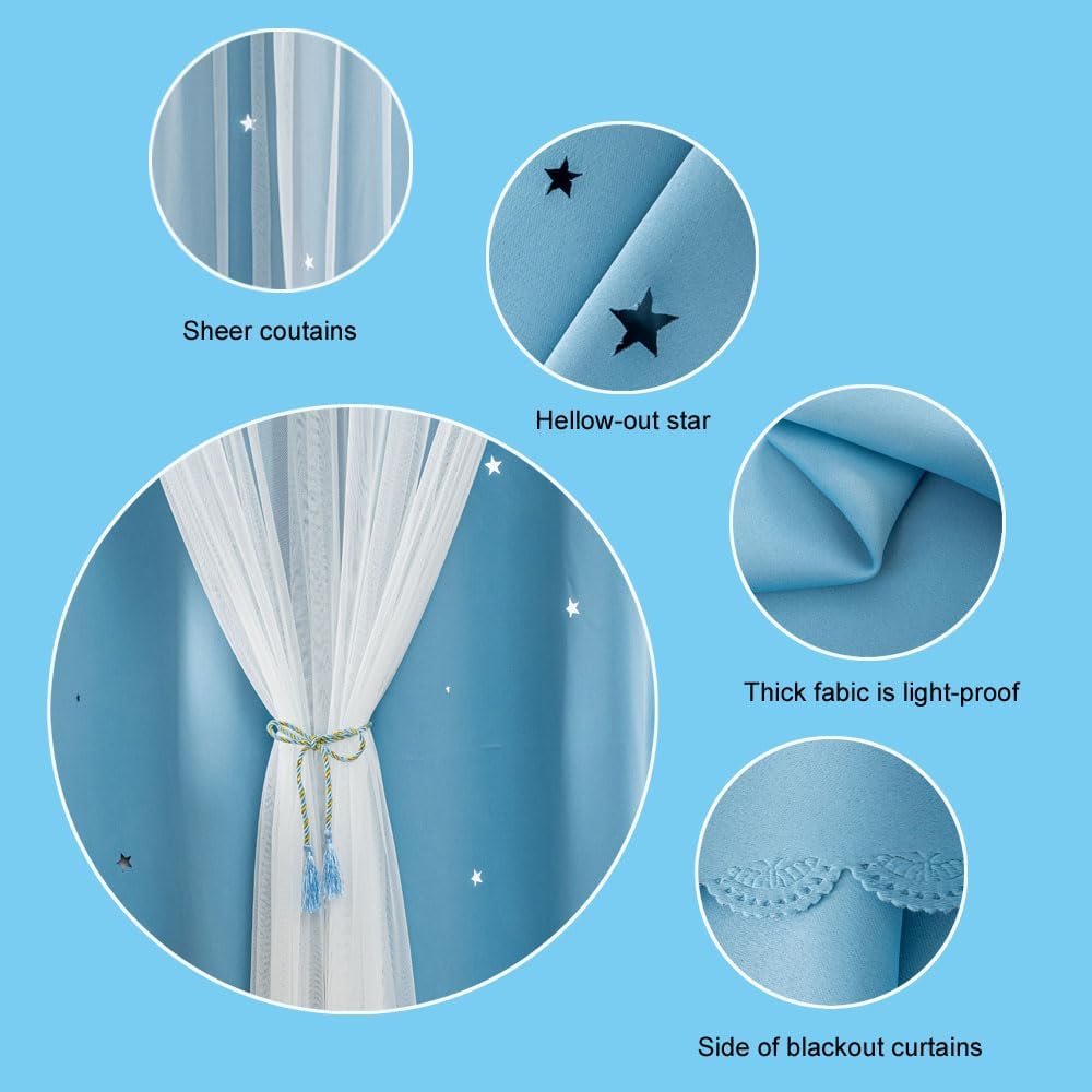 FANLI 2 Panels Star Blackout Curtains for Kid Girls Bedroom Living Room Darking Stripe Double Layer Star Cut Out Wall Home Decor Gradient Grommet Window Curtains (Blue 84L)