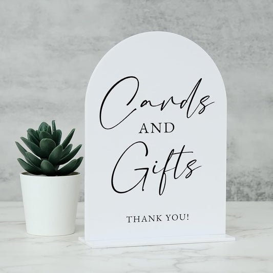 White Arch Acrylic Wedding Sign- 5"x7" Cards and Gifts Sign and Base,1/8" Thick | Modern Calligraphy Arched Acrylic Table Sign for Wedding & Event Party
