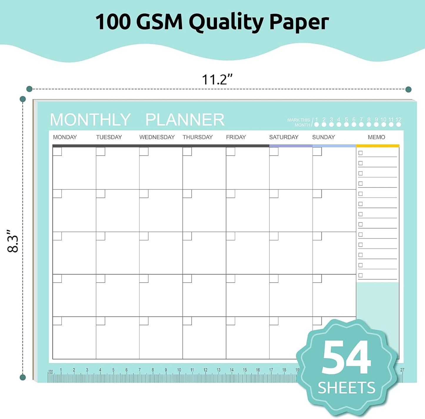 Phyxin Undated Planner, 54 Sheets Blank Calendar, 11.2" x 8.3" Monthly Calendar Planner, Tear Off Undated Monthly Planner with Memo for Women, Students, Teachers, Green