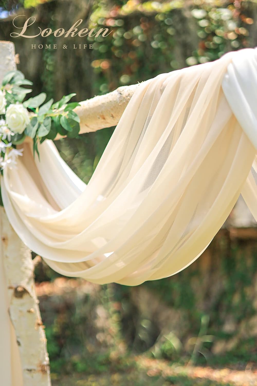 Lookein Chiffon Arch Fabric Drapes for Wedding Arbor Ceremoney Backdrop Decoration Stair Swag, 3 Panels 30" Wide 6 Yards, Cream & Nude