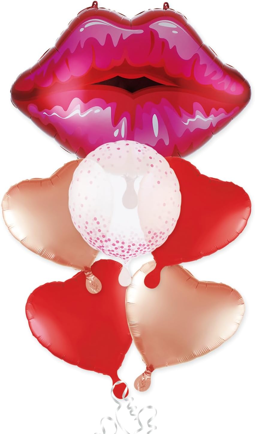 Huge 30inch Red Lip Foil Balloons Set 6 Pieces, Red Hearts and Lips For Make Up Themed Party Bachelorette & Anniversary Decorations