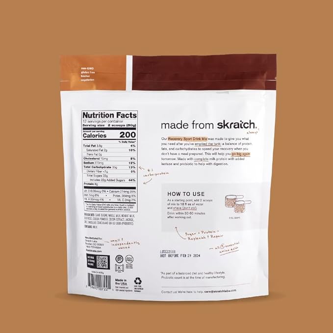 Skratch Labs Post Workout Recovery Drink Mix with Chocolate, (21.2 oz, 12 Servings) with Complete Milk Protein of Casein, Whey, Probiotics, Gluten Free, Kosher, Vegetarian