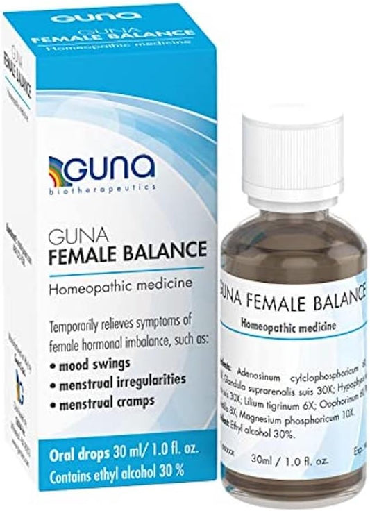 GUNA Female Balance Homeopathic Medicine Temporarily relieves Symptoms of Female hormonal imbalance, Such as Mood Swings, Menstrual Irregularities and Menstrual Cramps. 1 Ounce