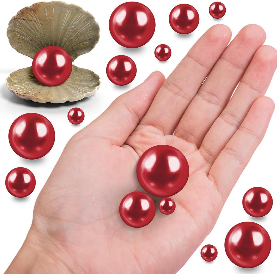 150Pcs Red Polished No Hole Faux Pearl Beads for Vase Filling Decorations, Plastic Pearls Vase Fillers, Table Scatters, Wedding Centerpiece, Home Decor, 8/14/20 mm