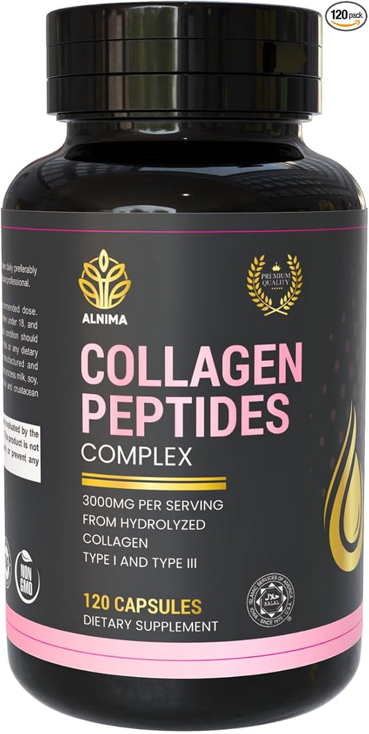 Collagen Peptides Complex – 3000mg Hydrolyzed Type I & III Collagen with Aloe Vera – Halal Certified – Skin, Hair, Joint & Bone Support – 120 Capsules – Made in USA