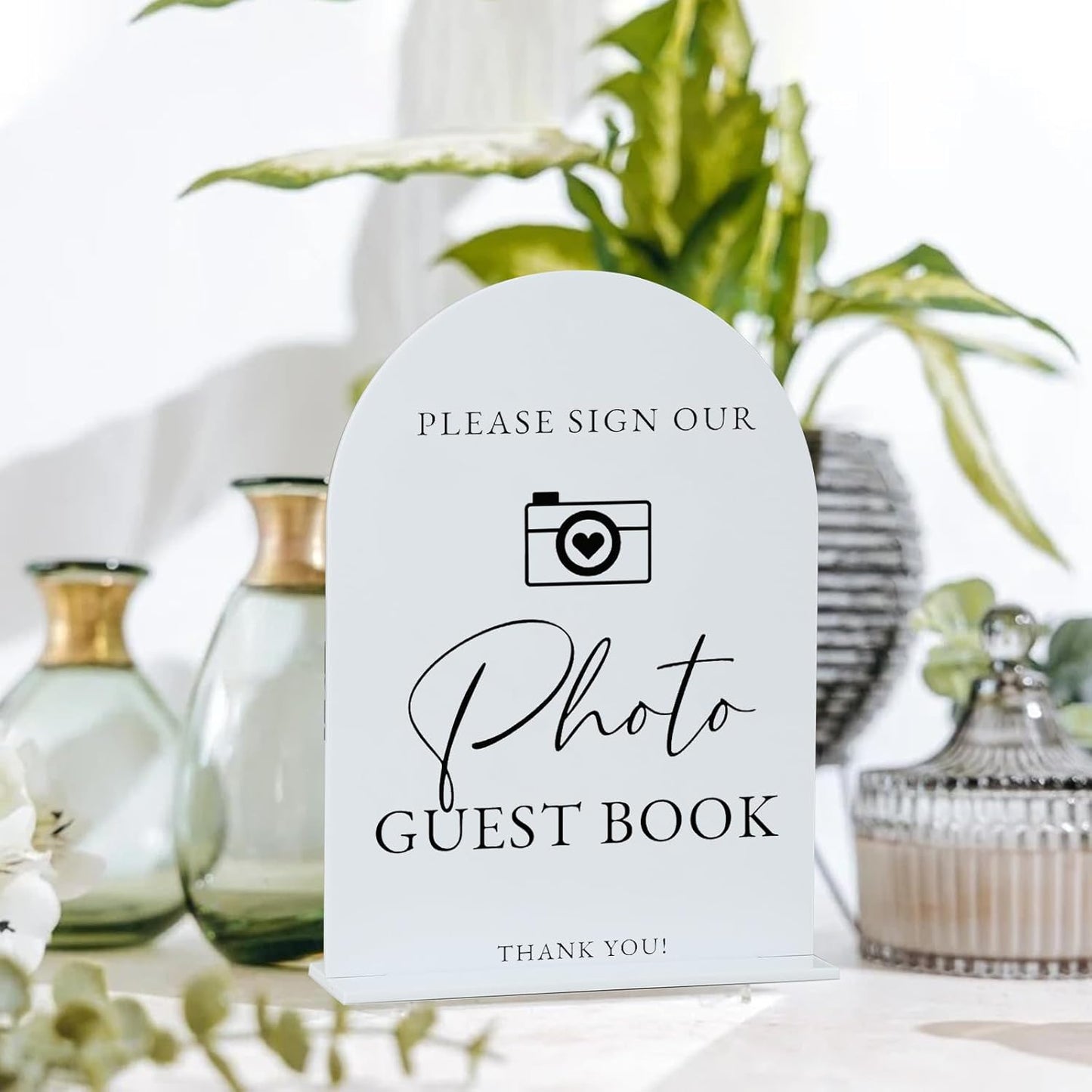 Acrylic Photo Guestbook with Stand- 5"x7" White Arched Wedding Sign and Base,1/8" Thick | Modern Calligraphy Black Lettering Arch Acrylic Sign for Wedding Reception & Party(5x7Inch, White)