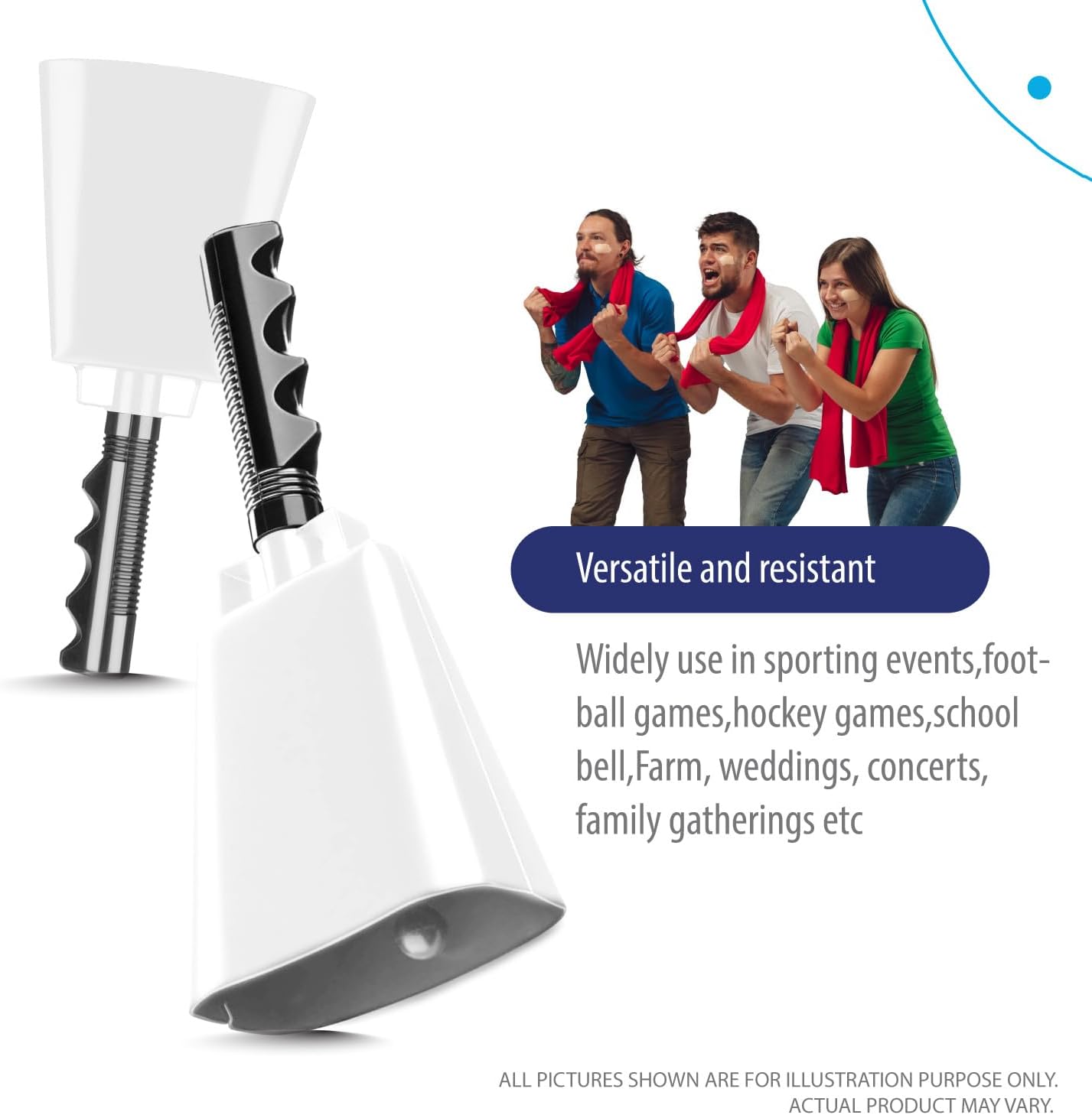 Deke Home - 2 Pack 10 Inch Steel Cowbells with Handle, Loud Noise Makers for Football, Sports, Parties, Competitions, School Spirit & Safety, Large Hand Bell for Cheering & Percussion Instrument