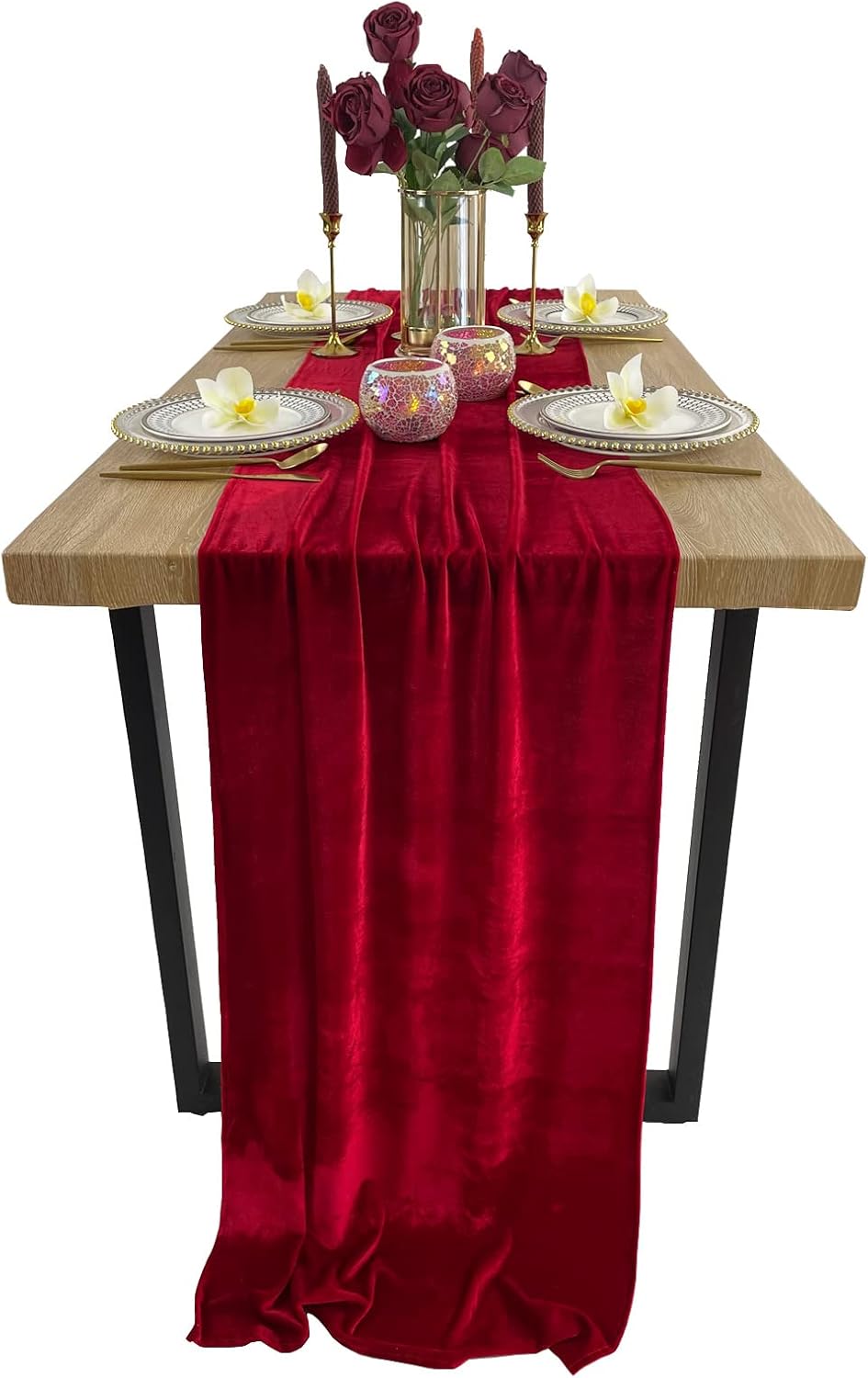 Luxurious Velvet Table Runner, 10ft Wedding Reception Decorations, 20x120inch Soft Velvet Fabric, Table Linen Overlay, Wedding Table Runners (Red, 20X120inch)