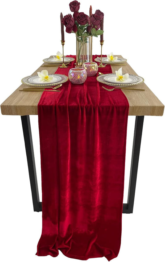 Luxurious Velvet Table Runner, 10ft Wedding Reception Decorations, 20x120inch Soft Velvet Fabric, Table Linen Overlay, Wedding Table Runners (Red, 20X120inch)