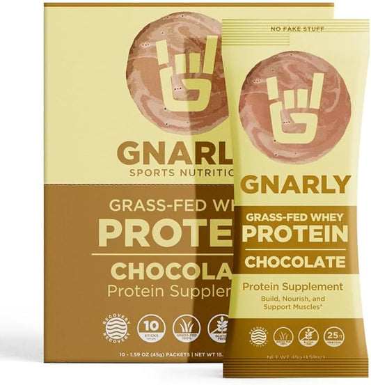 Gnarly Nutrition Chocolate Protein Powder – NSF Sport Certified – 25g Protein, Muscle Repair – Grass Fed Whey Powder, Smooth Taste – Chocolate, Box of 10 Stick Packs