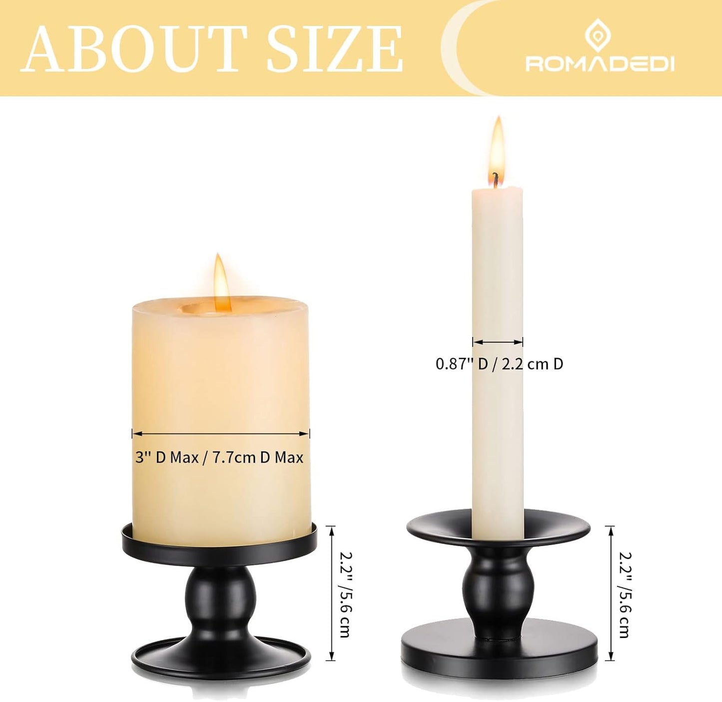 Romadedi Candle Holders for Pillar Candles, Black Pillar & Taper Candle Holder, Small Metal Candle Stick Candle Holder for Wedding, Dining Room Table Centerpiece, Holiday Decor, 4 Pcs