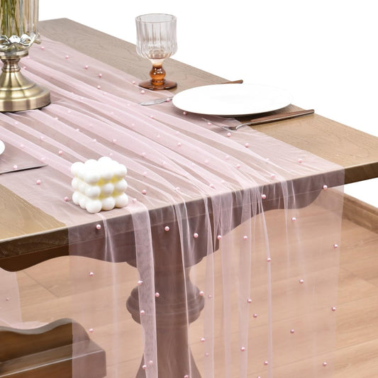 Joanlody Fall Pearl Table Runner 10ft Rustic Boho Tulle Table Runner with Pearls for Baby Shower Wedding Party Veil Dessert Thanksgiving Table Decor Pink