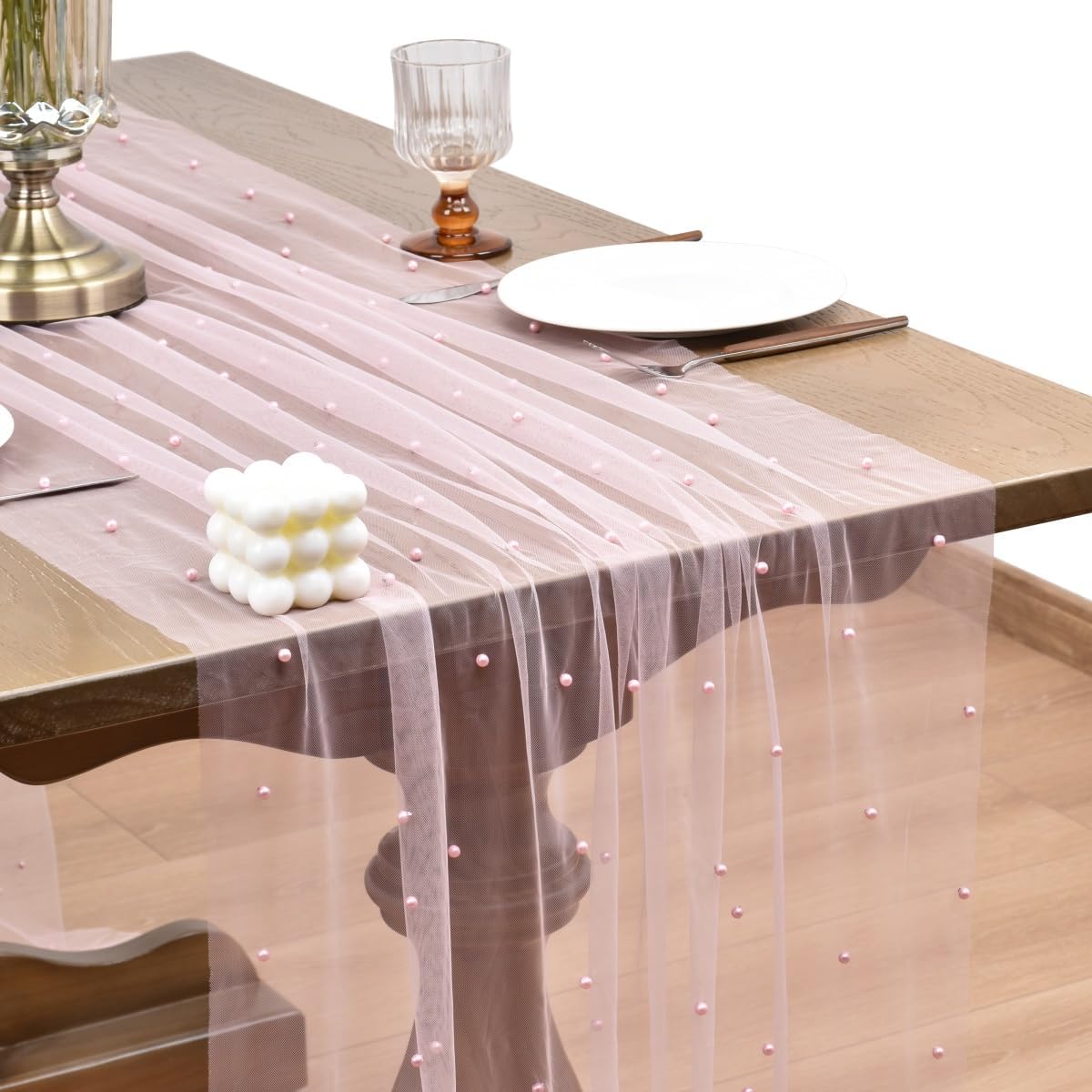 Joanlody Fall Pearl Table Runner 10ft Rustic Boho Tulle Table Runner with Pearls for Baby Shower Wedding Party Veil Dessert Thanksgiving Table Decor Pink 4pcs