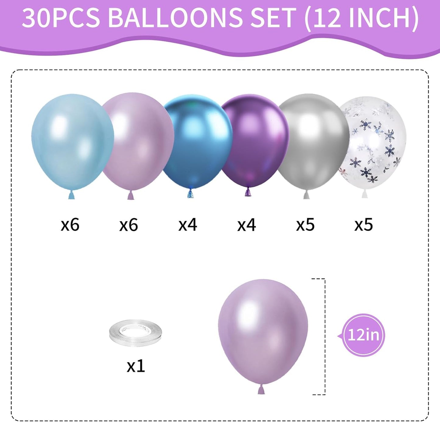 Frozen Balloons, 12 Inch Purple Blue White and Silver Balloons with Snowflake Balloons for Girls Frozen Theme Party Supplies Ice Snow Theme Birthday Baby Shower Winter Party Decorations