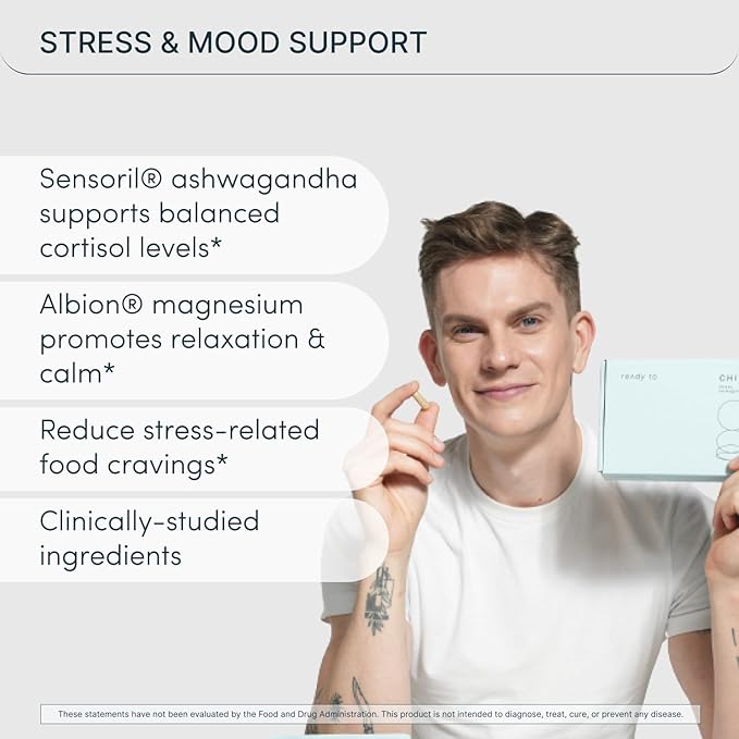 CHILL Stress Relief Supplement – Cortisol Supplements for Women & Men - Balanced Mood, Relaxation & Calm – Magnesium, Ashwagandha, L-Theanine, B Complex – 60 Capsules