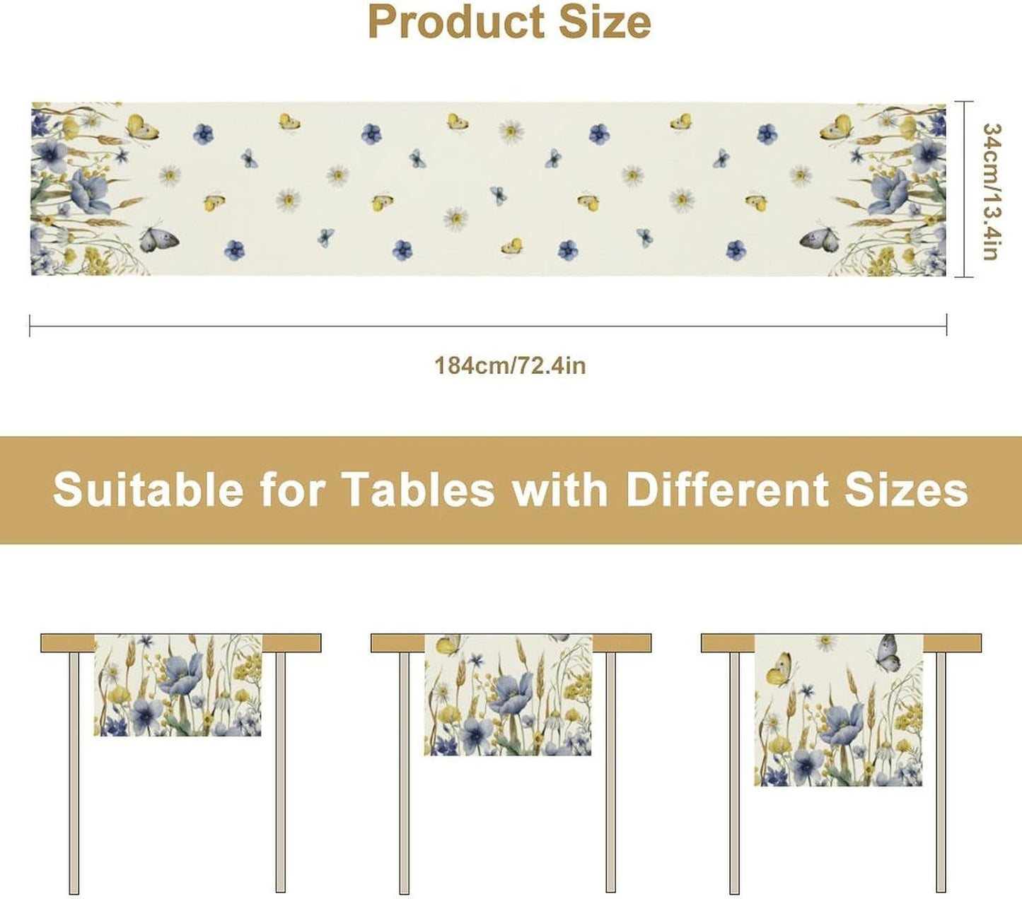 Floral Table Runner, Spring Watercolor Flower Plants Nature Butterfly Table Runner for Kitchen Dinner Living Room Home Party, 13x108 Inch