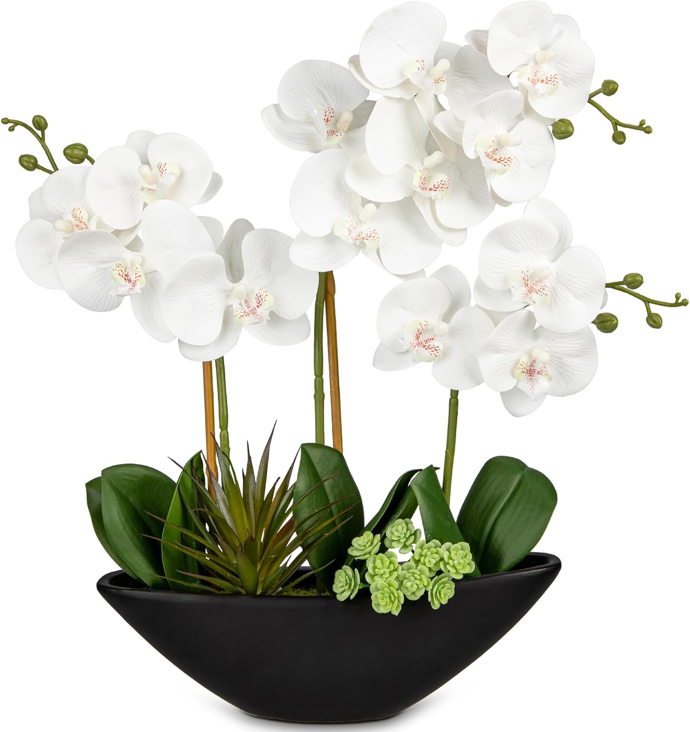 Briful Orchid Fake Flowers 17in White Artificial Orchid Silk Flowers in Black Pot Faux Orchid Arrangement for Home Office Bathroom Dining Table Modern Decoration