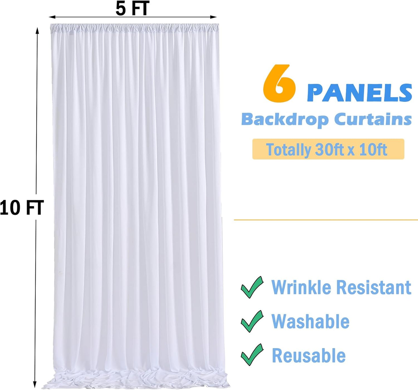 30ftx10ft Wrinkle Free White Backdrop Curtains for Party Background, 6 Panels 5x10ft Silky Polyester Photo Backdrop Drapes Back Drop Cloth for Wedding Birthday Photography Baby Shower Decor