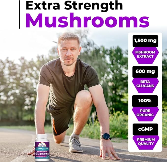 CANCER SCIENCES Turkey Tail Wellness Mushrooms Supplement, USDA Certified Organic Extract, Extra Strength 1,500 mg, High Potency 40% Beta-Glucans, Gut & Immune Support, Natural Digestive, 120 Capsules