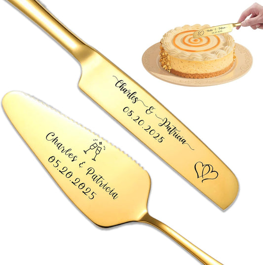 Custom Wedding Cake Knife and Server Set Personalized Cake Cutter with Engraved Text Bridal Cake Cutting Set with Gift Box for Weddings Anniversary Birthday (Gold - Text)