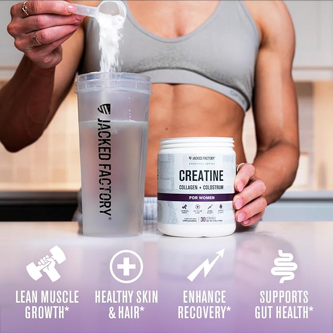 Jacked Factory Creatine for Women - Creatine Monohydrate with Collagen + Colostrum to Support Workout Performance, Lean Muscle Growth, Healthy Hair, Skin, & Nails - 30 Servings, Unflavored