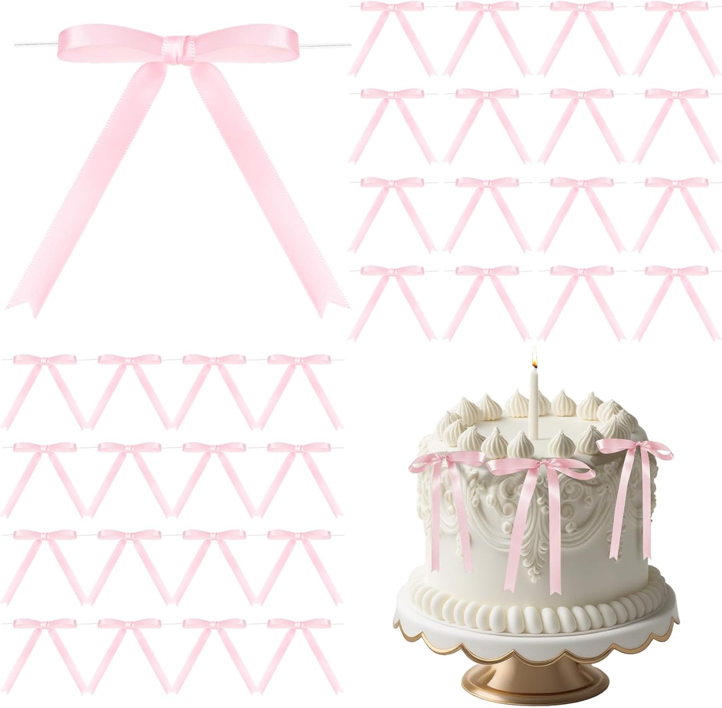 Riceshoot 50 Pcs Twist Tie Bows for Cake 3x4.5 Inch Satin Ribbon Bows for Gift Wrapping Treat Bags Craft DIY Wedding Baby Shower Birthday Party(Pink)