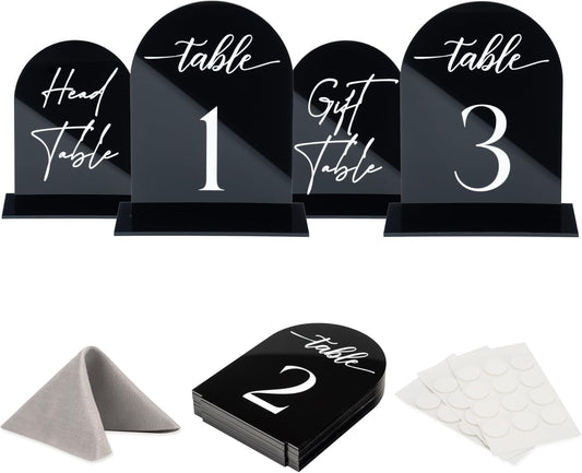 Black Arch Acrylic Table Numbers for Wedding Reception - 5" x 7" White Font Centerpiece Set with Holder Stands & Head Table Sign - Anniversary, Event, Party, Wedding set 1-20
