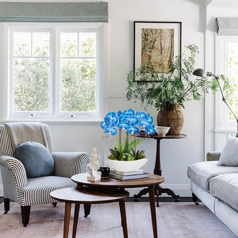 Briful Blue Orchid Artificial Flowers 18in Fake Orchid Silk Flowers with Ceramic Pot Faux Orchid Arrangement for Home Office Room Coffee Table Shelf Modern Decoration