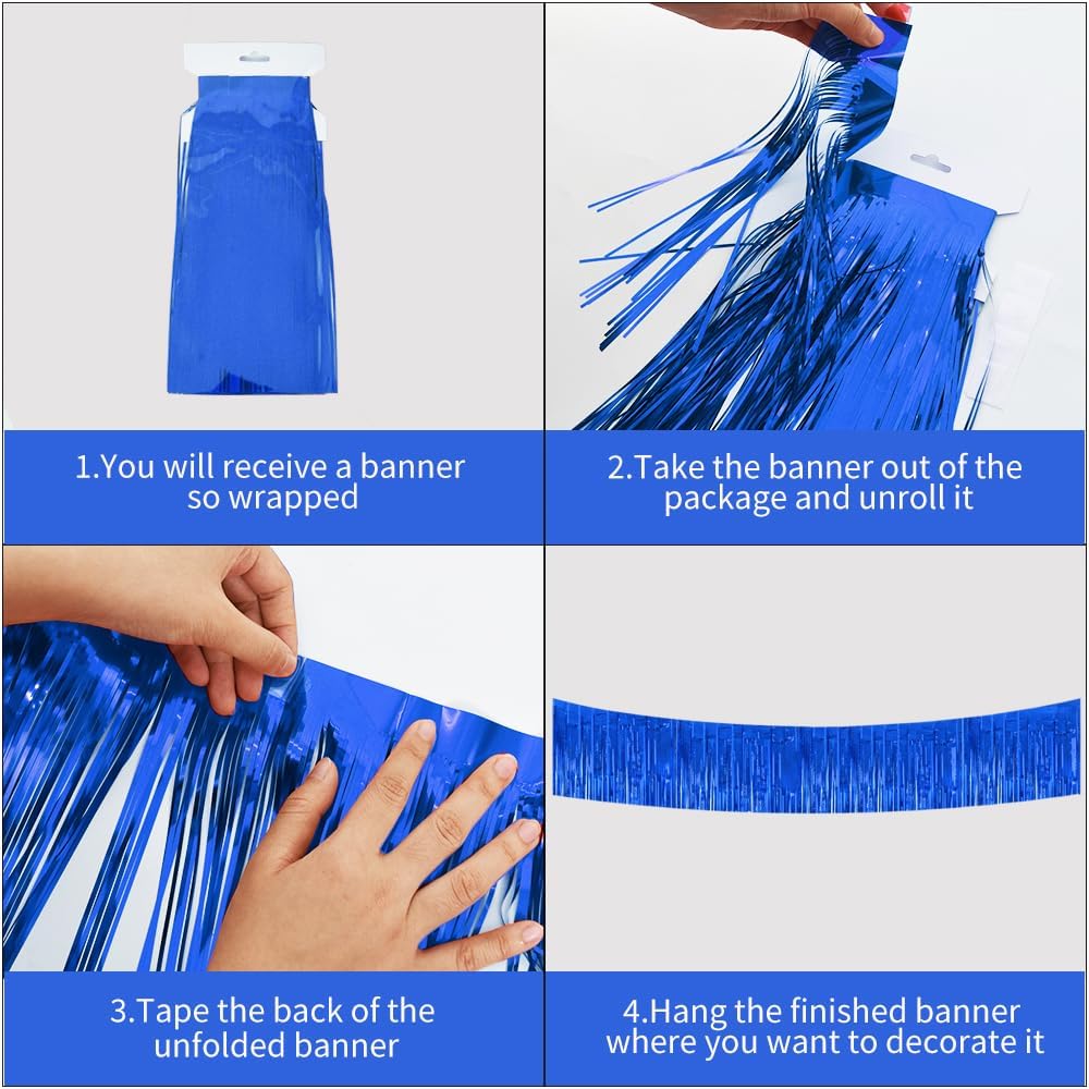 BEISHIDA 3 Packs Metallic Foil Fringe Garland Blue Wall Hanging Tinsel Fringe Banners for Valentine New Year Floats Bridal Shower Wedding Birthday Halloween Holiday Party Decoration(30 Feet)