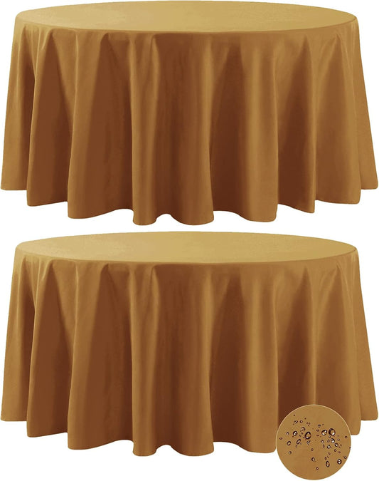 Fokitut 2 Pack Waterproof Round Tablecloth, 108 Inch, Stain Resistant and Wrinkle Polyester Table Cloth, Fabric Table Cover for Kitchen Dining, Wedding, Party, Holiday Dinner-Gold