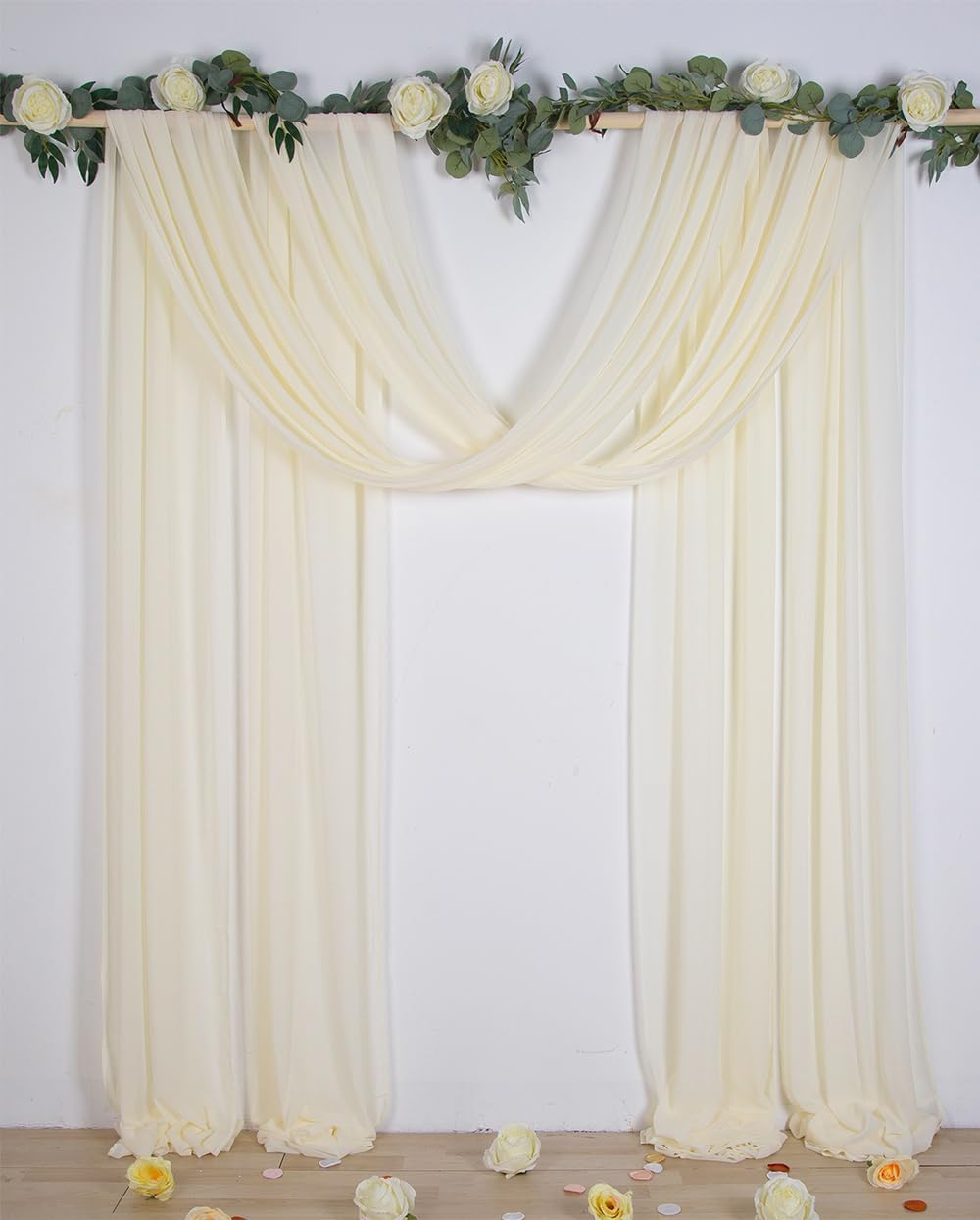 SHERWAY 2 Panels 30Ft Extra Long Chiffon Arch Drapes for Wedding Party Reception Backdrop Ceremony Swag Decoration (Ivory & Ivory)
