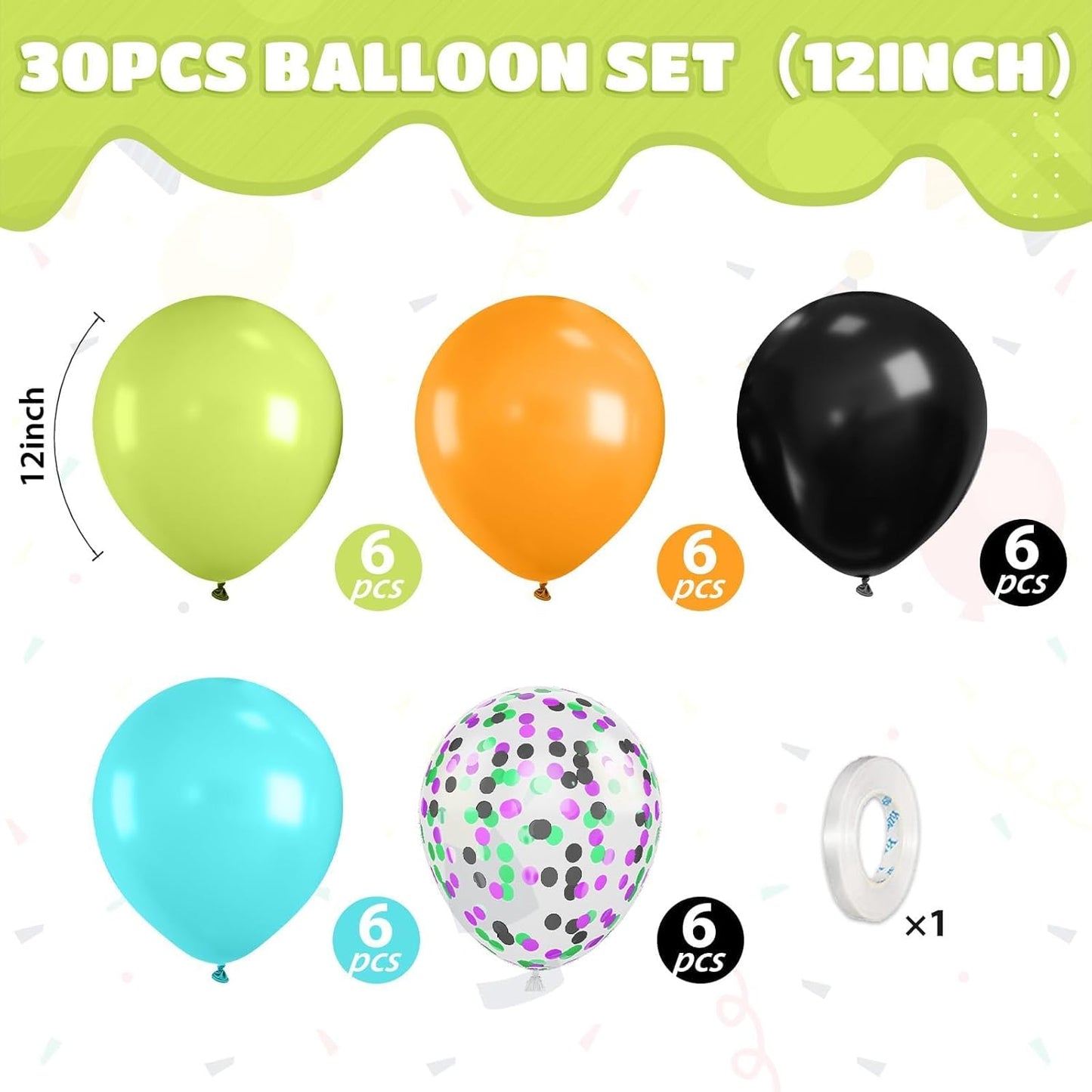 Green Orange Black Balloons, 12 Inch Fruit Green Orange Teal Black Confetti Latex Balloons for Boys Party Baby Shower Birthday Party Decorations