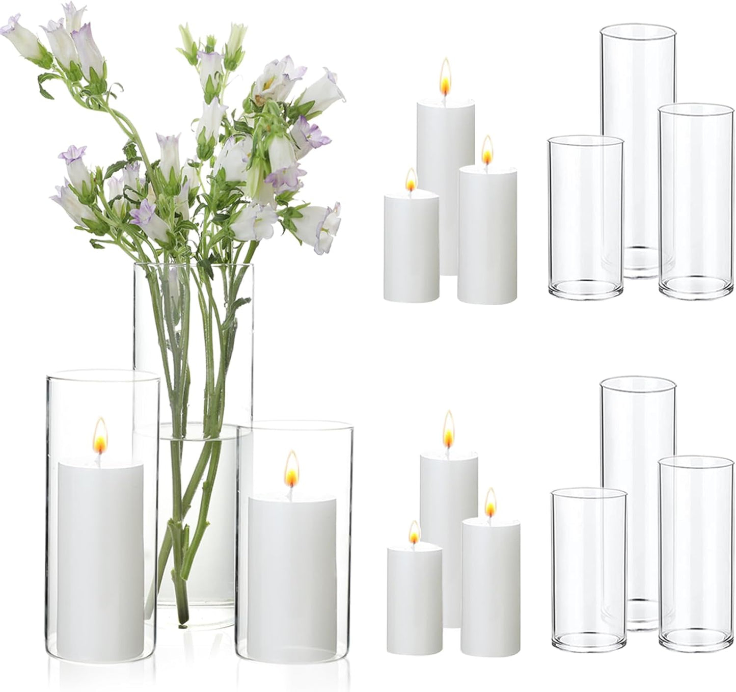 UDU Set of 6 White Pillar Candles and 6 Glass Cylinder Vases Hurricane Holders, Slim Pillar Candle Holder, Cylinder Vases for Centerpieces Wedding Table Party Home Decor(2.6" X 4.7", 5.9", 7.9")
