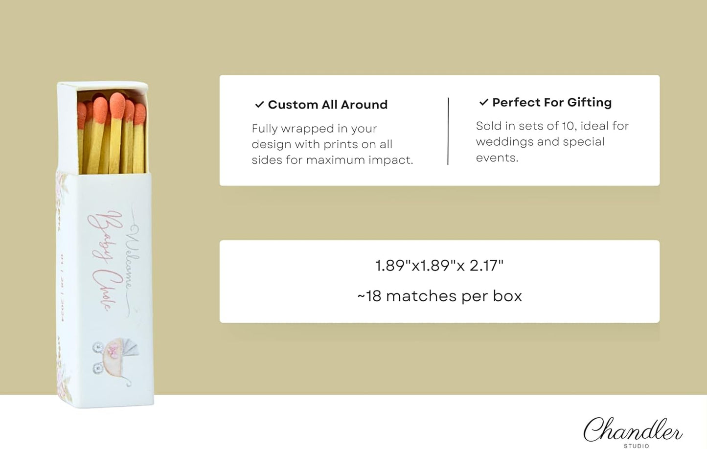 Customizable Baby Shower Matchboxes – Set of 10 – Cute Baby Design – Colorful Matchsticks – Perfect for Baby Shower Favors (2" Matchsticks, Baby #2)