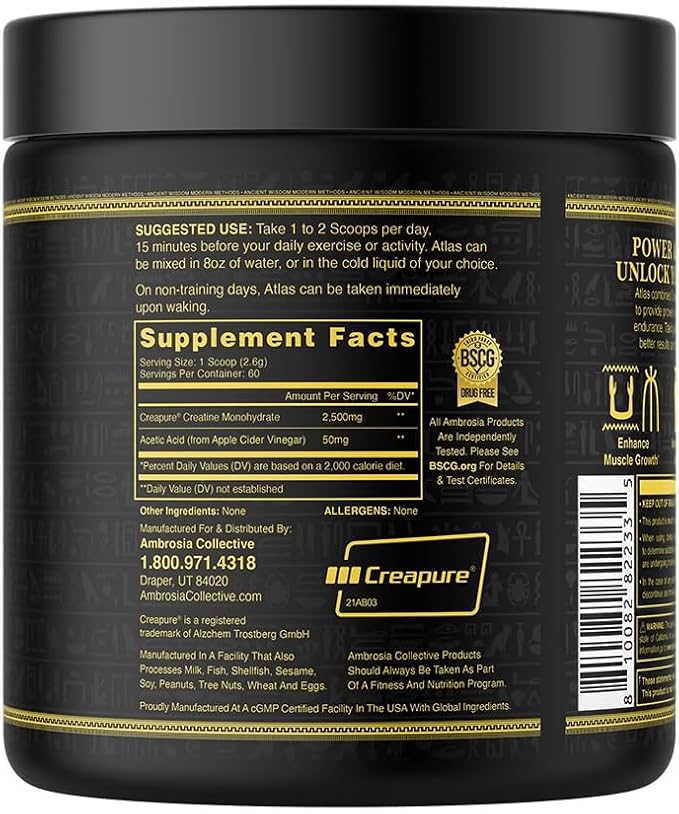Ambrosia Atlas Performance Creatine Creapure® + Acetic Acid – Explosive Strength & Endurance Support – Muscle Recovery, Fatigue Resistance & Performance Boost Support – 30 Servings