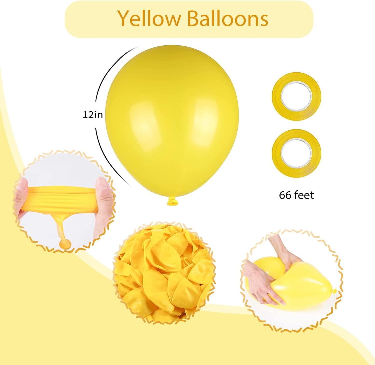 100pcs Balloons, 12 inch Yellow Latex Balloons Helium Quality for Gender Reveal,Birthday Party, Baby Shower, Honey Bee Party Decoration (with 66ft Ribbon)