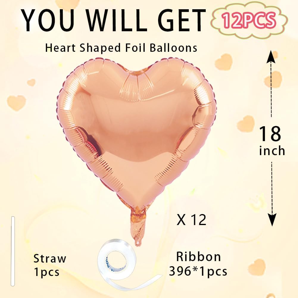 Rose Gold Heart Balloons，18 Inch Foil Mylar Love Heart Shaped Balloons for Anniversary Wedding Engagement Celebration Birthday Party Baby Shower Valentines Decorations(12Pcs)