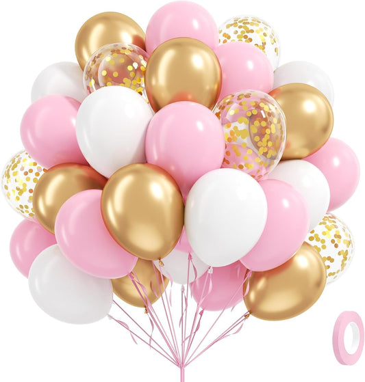 60pcs Pink and Gold Balloons 12inch, Pink and White Balloon with Metallic Gold Confetti Balloons for Baby Shower Wedding Birthday Party Decorations