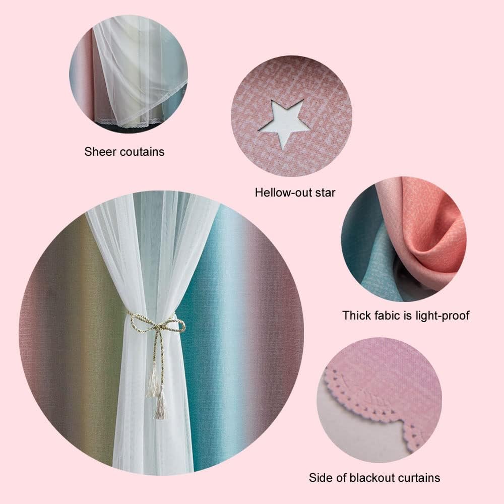 FANLI Ombre Rainbow Blackout Curtains for Kid Girls Bedroom Living Room Darking Stripe Double Layer Star Cut Out Wall Home Decor Gradient Grommet Window Curtains (Pink/Blue, 52W x 84L)