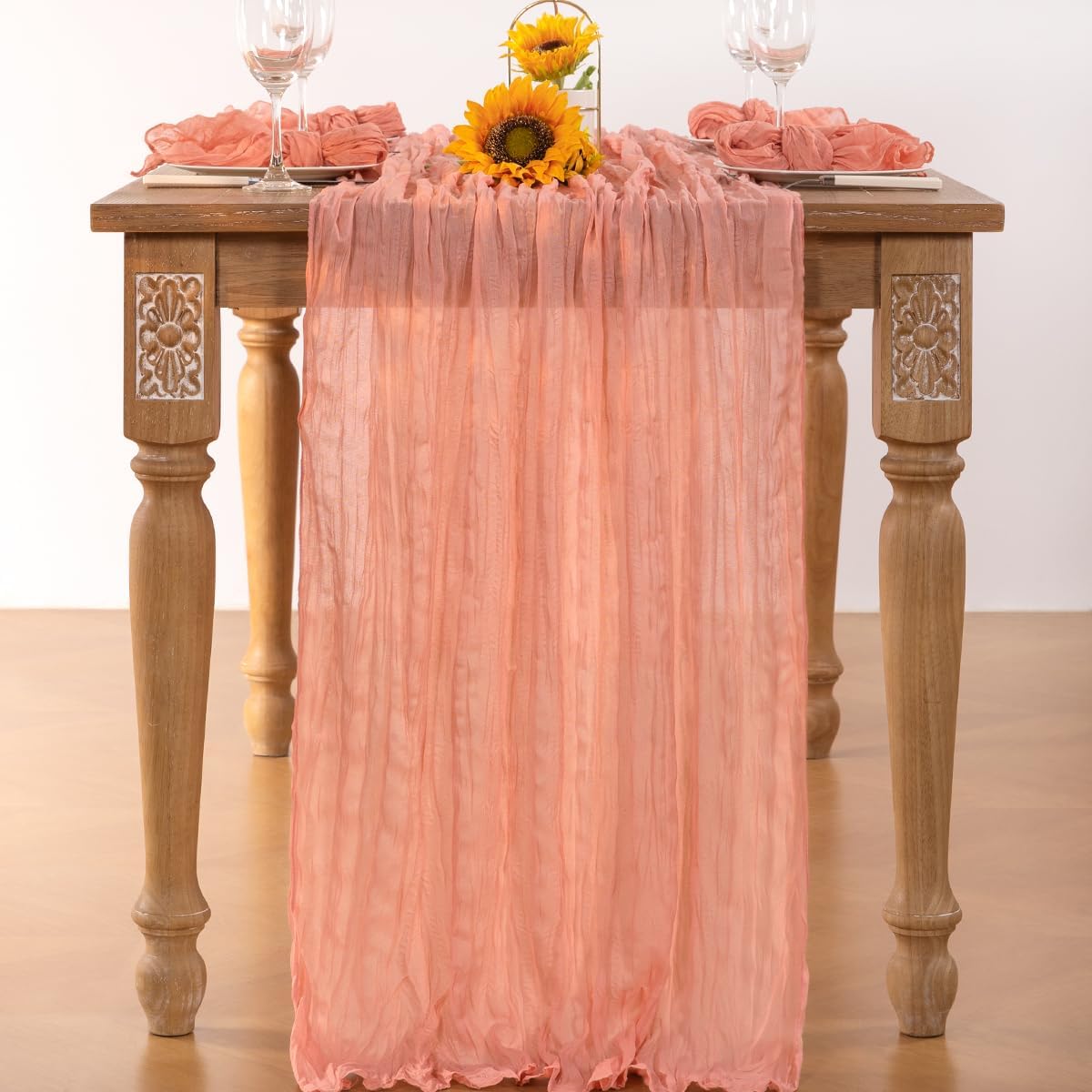 Coral Pink Cheesecloth Table Runner Fall Table Runner Boho Gauze 120 Inches Coral Cheese Cloth Fall Table Decorations for Thanksgiving Wedding Bridal Baby Shower Tea Party Decor