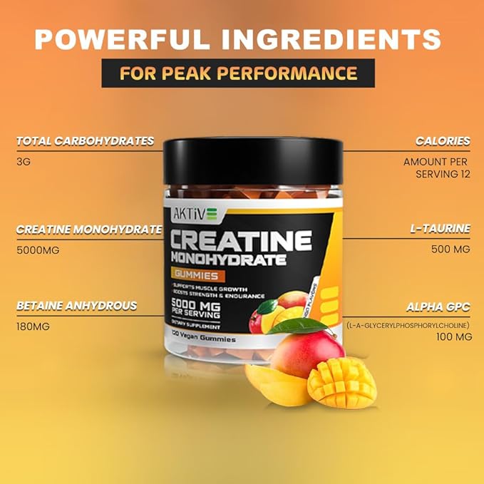 Creatine Monohydrate Gummies, 5000mg of Creatine Per Serving with Alpha-GPC & Taurine, Mango Flavor, Enhance Brain Function, Muscle Growth Support, Pre Workout Gummies for Men and Women - 120pcs