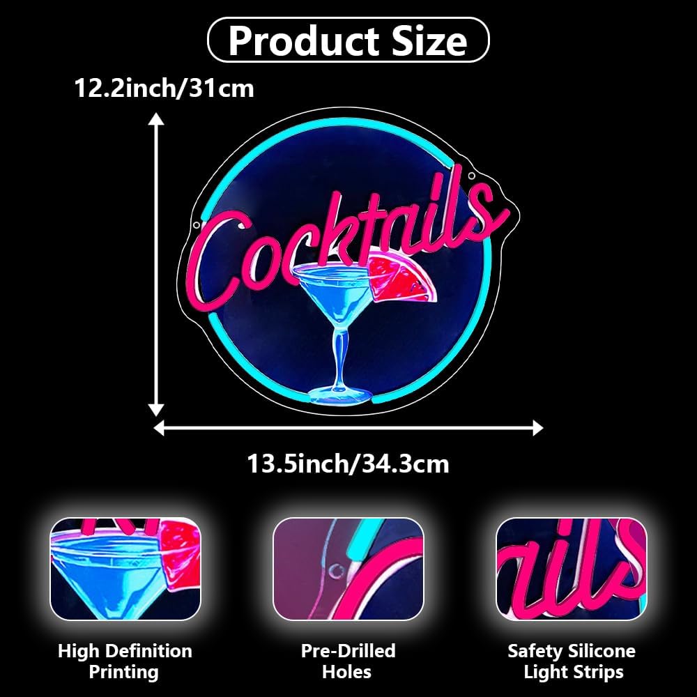 Cocktails Neon Signs for Wall Decor,UV Print Cocktails Glass LED Neon Light Up Sign for Beer Bar Art Wall Lights,Bar Party,Pub,Night Club,Man Cave Decor,Adjustable Brightness