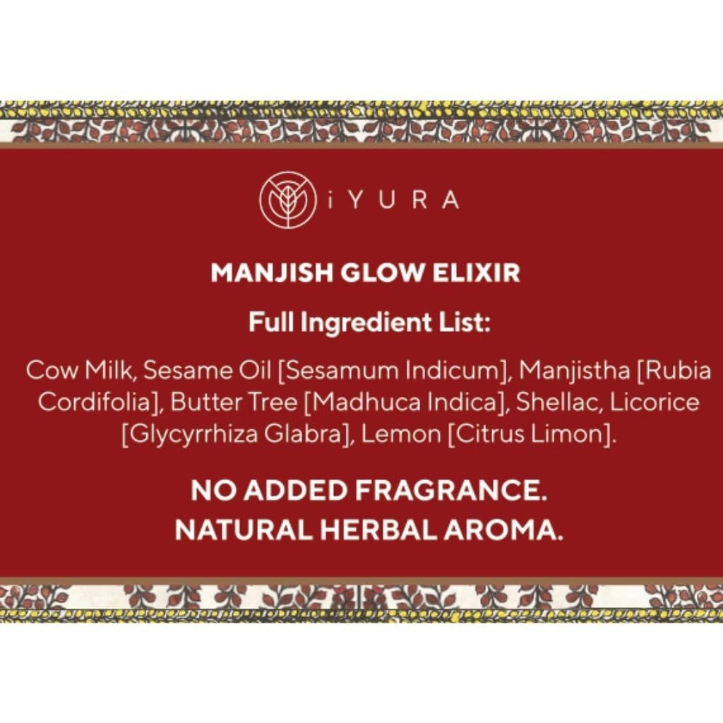 iYURA Manjish Glow Elixir - Traditional Glow-Boosting Face Moisturizer for an Instant Dewy Glow & Clear-looking skin – Lightweight, 100% Natural Nighttime Face Oil, 1.69 fl oz