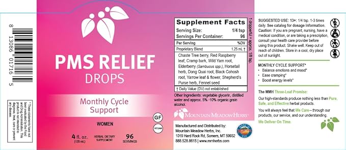 Mountain Meadow Herbs PMS Relief Drops | Liquid Herbal Supplement for Menstrual Period Discomfort | Hormonal Support for PMS Cramps, Mood Swings & Acne with Chaste Tree Berry (Vitex) & Wild Yam 2oz