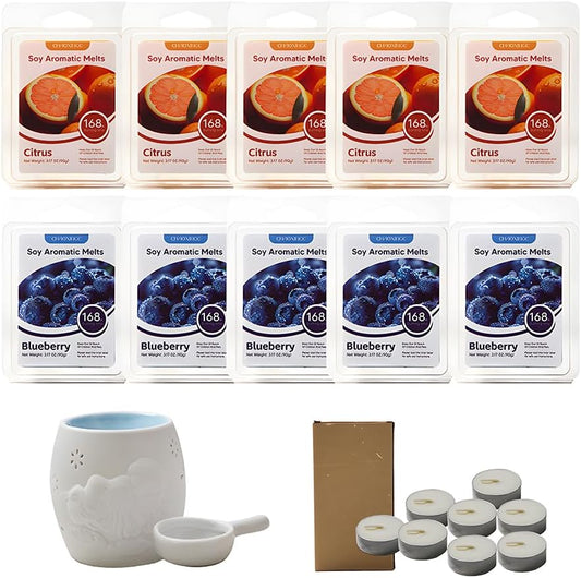 10-Pack Aromatherapy Wax Melts, Two Scent Combo | Wax Warmer & 8 Tealights Included | 90g (3.17 oz) per Pack | Eco-Friendly Soy Wax, 8 Scents (Citrus & Blueberry)