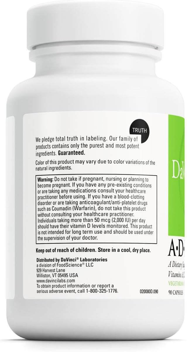 DAVINCI Labs ADK 10 - Helps Support Bone, Heart & Immune Health - Dietary Supplement with Vitamins A, D3 & K2 (as MK-7) - Vegetarian, Gluten Free & Soy Free - 90 Capsules